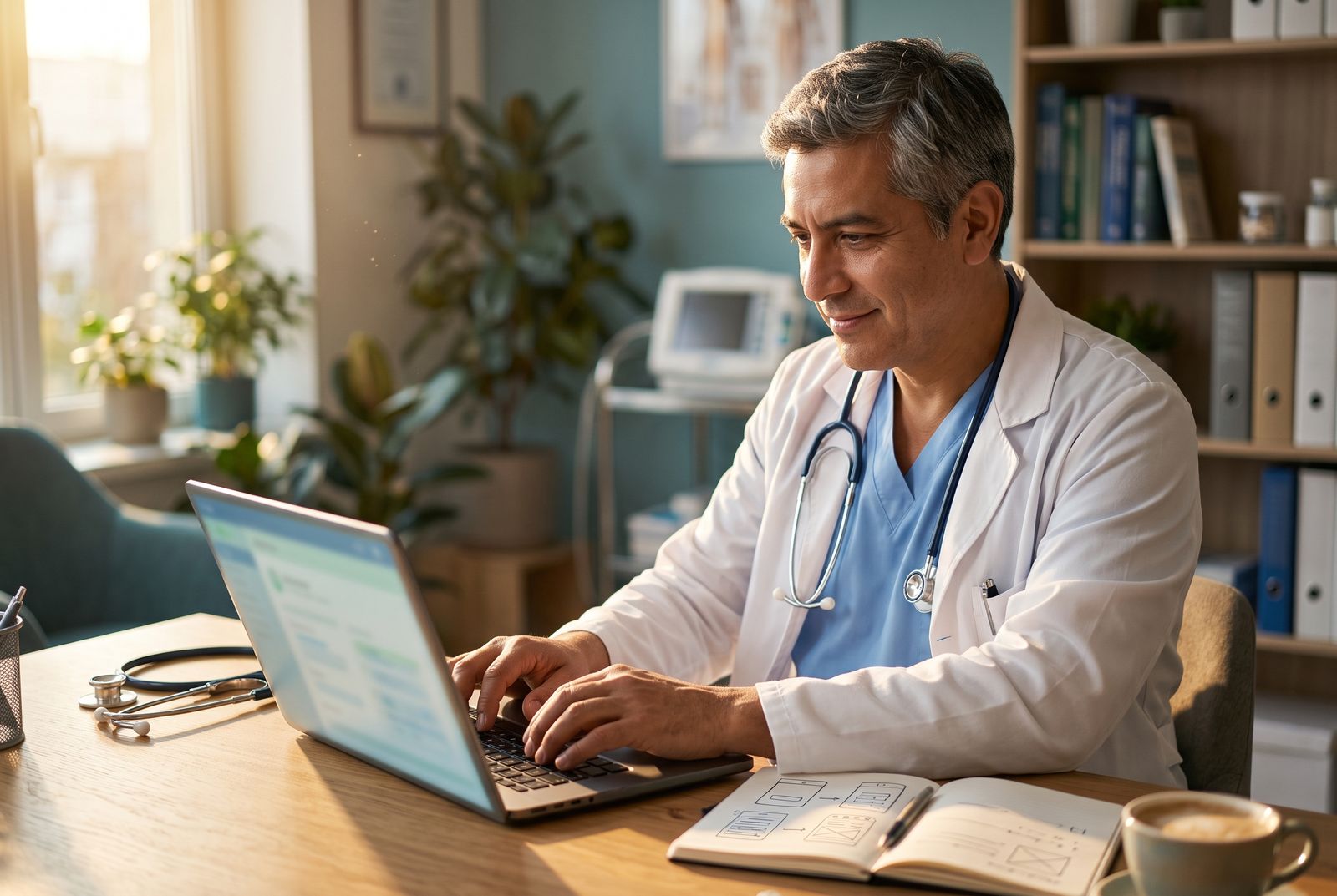 Médico en su consultorio trabajando en la computadora, con bocetos de pantallas en su cuaderno